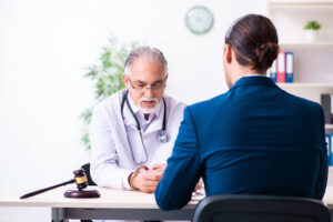 male doctor in courthouse meeting with lawyer